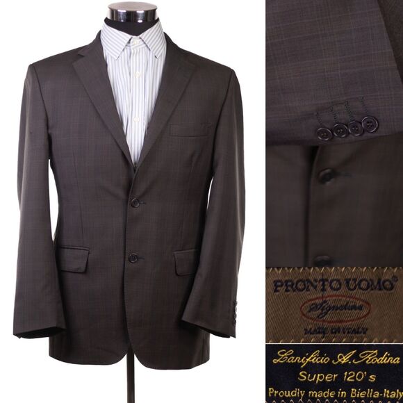Lanificio A. Rodina Pronto Uomo brown Wool Plaid Blazer  Sz 40R Super 120s - Picture 1 of 15